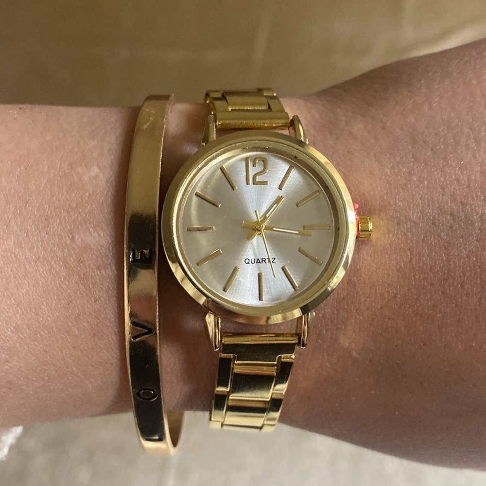 2pcs Set Watch Luxury Simple Dial Hollow Strap Fashion Gold Bracelet Quartz